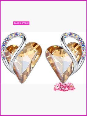 Silver Plated Heart Stud Earrings with Birthstone Crystals